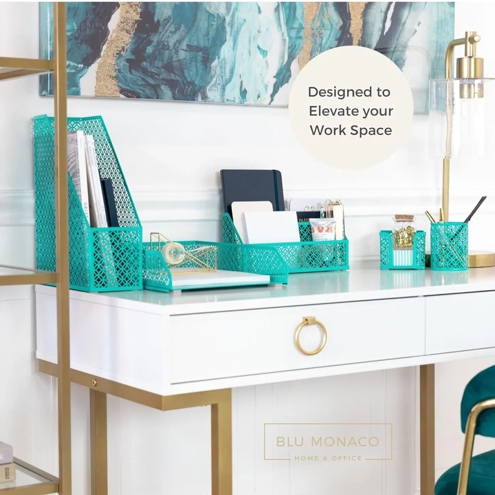 BLU MONACO 6 piece dark teal desk organizer set - teal color desk accessories